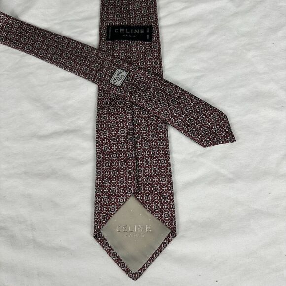 Céline Paris Men's Tie 100% Silk Handmade In France Burgundy White L58 W3 - Picture 10 of 14